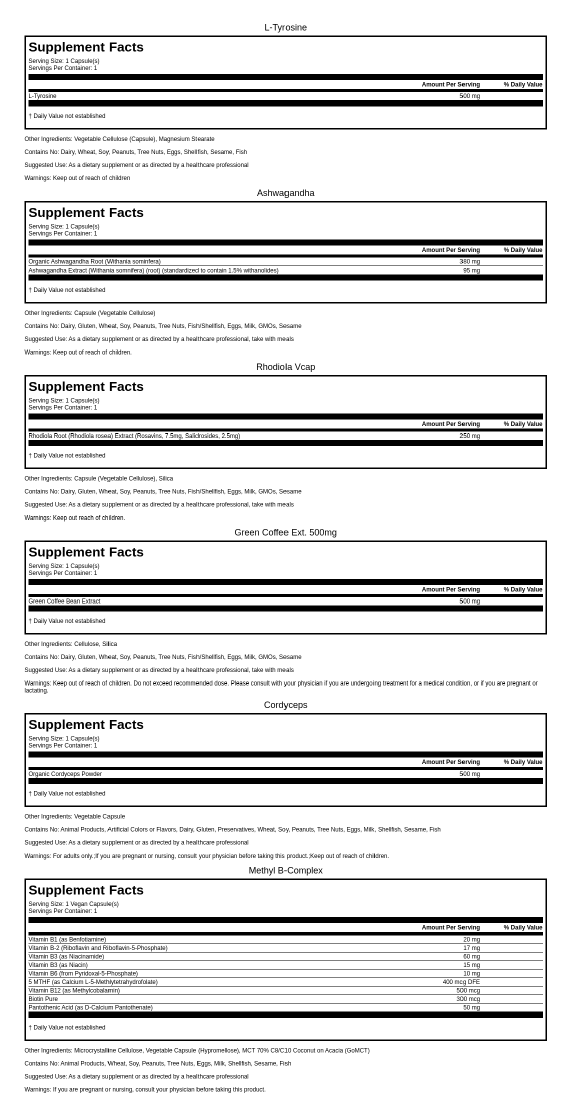 Supplement Facts for the capsules in Energy Pack