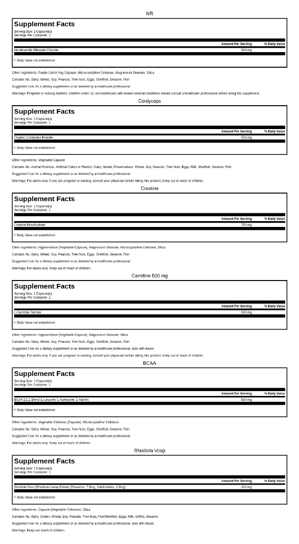 Supplement Facts for the capsules in Performance Pack
