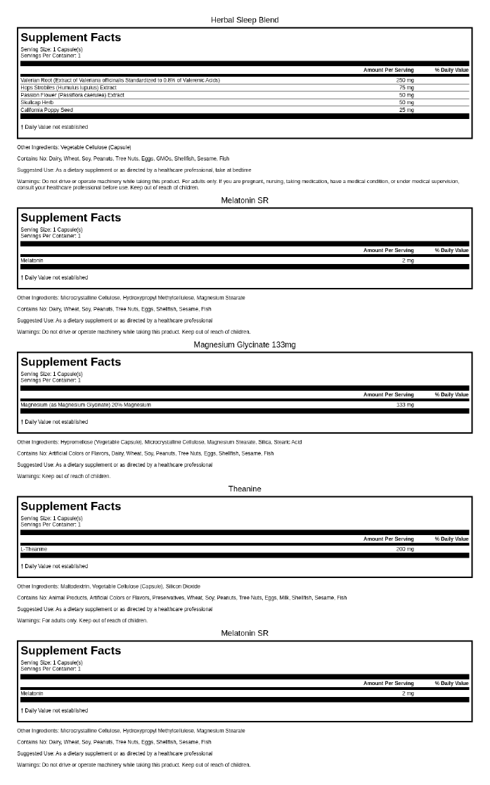 Supplement Facts for the capsules in Sleep Pack